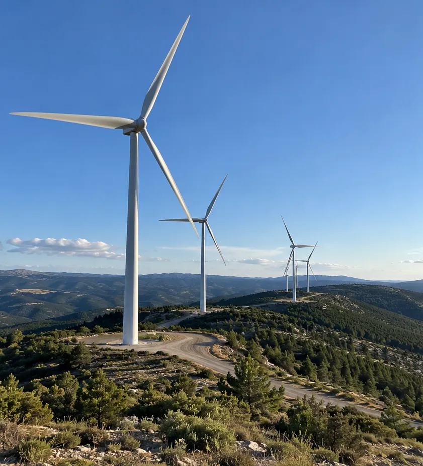 Aerogeneradores en una sierra con su camino de acceso